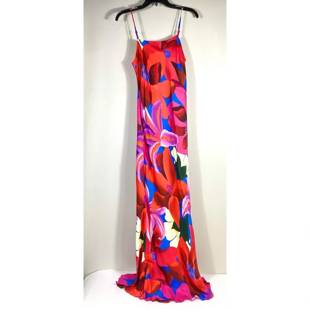 *SOLD* Farm Rio Watercolor Floral Slip Satin Maxi Dress Floral Blue Small NEW - Picture 6 of 15